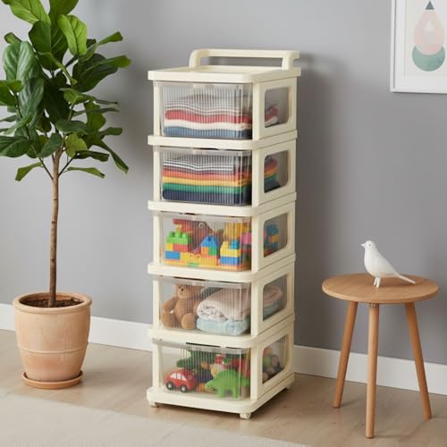 Image of Aliensware 5Layer Plastic Storage Drawer Organizer with Wheels, Modular Cabinet for Home, Office, School, Hospital, Parlor, Morden Kitchen,Clothes, Toys Organiser for Kids Room-Aliens-Clear Ivory