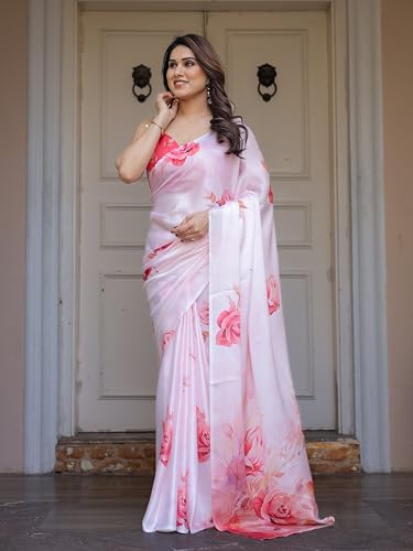 Image of ALMAARI FASHION Women's Floral Printed Georgette Satin Saree with Unstitched Blouse Piece | Traditional Ethnic Wear Sarees | Soft Lightweight Ethnic Office Wear Daily Wear Indian Sari (SG 161-170 H)