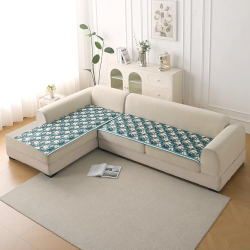 Image of HOKIPO 'Florentina Series' L Shape (3+3 Seater) Sofa Cover Seat Mat | Premium Multi-Needle Quilted Holland Velvet Sofa Mat + Foam Filling + Anti-Slip Backing, Pansies Teal (IN-882-V5*2)
