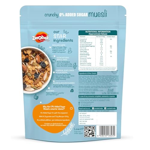 Image of Zerobeli Sugar Free Jowar Atta Biscuit 325g And Crunchy 0% Added Sugar Muesli 425g Combo | Zero Sugar No Maida Healthy High Fiber Digestive Millet Cookies With Sugar Free Cereal | 100% Wholegrain Healthy and Quick Breakfast