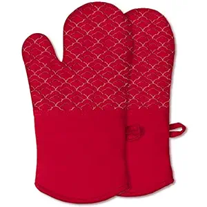 Tuff4ever Oven Mitts Heat Resistant Extra Long Silicone Oven Gloves with Non-Slip Silicone Grip and 100% Cotton Lining for Baking Cooking BBQ (1 Pair-Red)