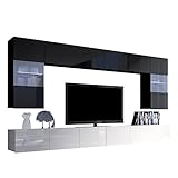 Moderne Wohnwand Calabrini I, Anbauwand Mediawand Hängevitrine TV Lowboard Wandregal Wohnzimmerschrank Fernsehschrank (mit Blauer LED Beleuchtung, Schwarz + Schwarz Hochglanz/Weiß + Weiß Hochglanz)