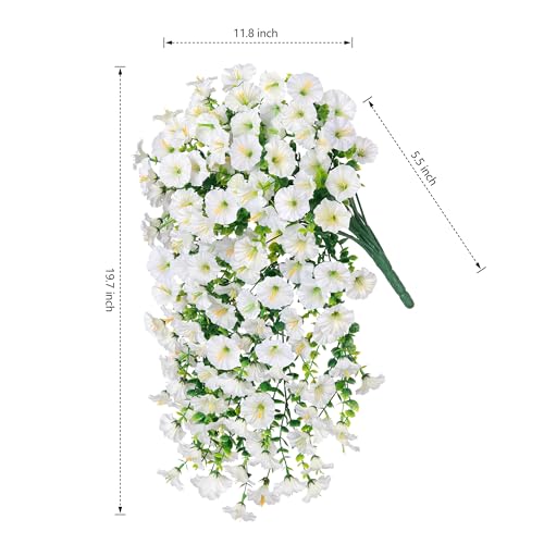 Artificial Faux Hanging Flowers Plants for Outdoor Decor,2 PCS Fake Silk Morning Glory with Eucalyptus UV Resistant Realistic Trailing Vines for Wall Home Porch Patio Balcony Yard Indoor Decor,White