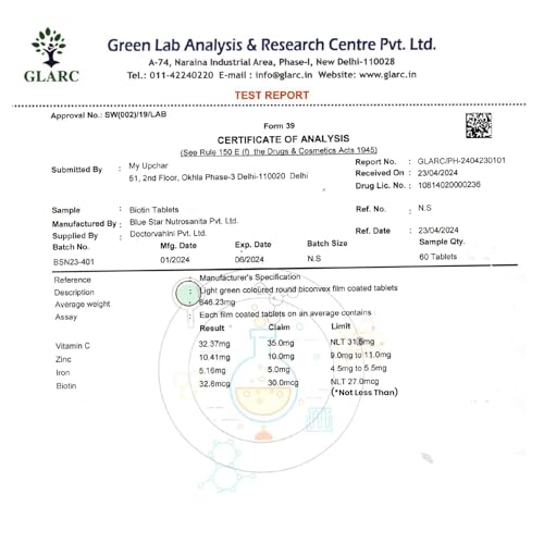 Image of myUpchar Biotin+ Supplement with Vitamin C, Zinc, Iron & Niacinamide | Suplement for Strong & Thick Hair, Biotin Tablets for Hair Growth | Brightens Skin, Strengthens Hair & Nails | Veg Tablets - 60