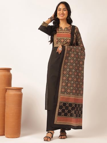 Image of Vbuyz Women Ajrakh With Yoke design Cotton Straight Kurta Set With Dupatta
