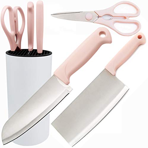 KITORY 4PCs Kitchen Knife Sets - Japanese Chef Knife Santoku Knife, Vegetable Cleaver, All-purpose Poultry Shears and Block Knife Storage - Light Pink Kitchen Cutter for Housewife, Women and Girls