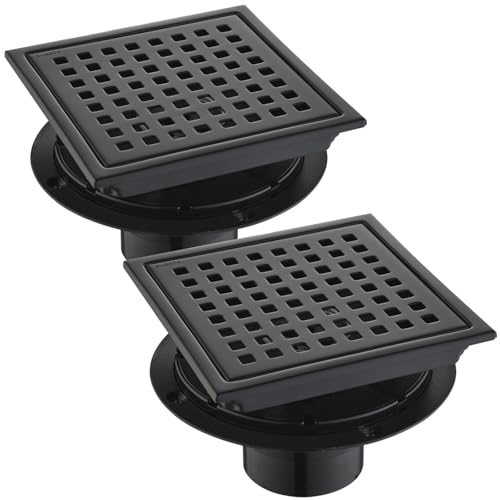 Kuaisailsk 6 Inch Square Shower Drain Set of 2 with Removable, Square Grille, 304 Stainless Steel, Includes Shower Drain Base Hair Filter, Black, for Bathroom, Kitchen, Balcony 2 Pack