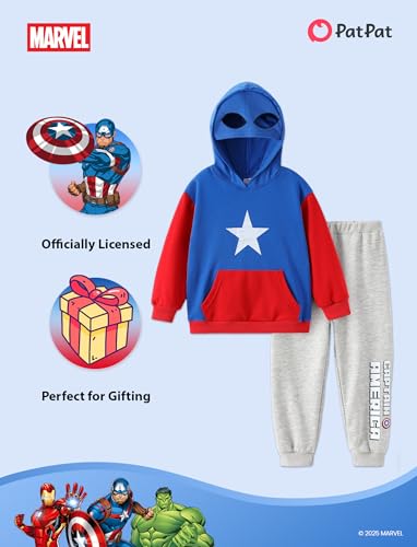 Marvel Captain America Cosplay Hoodie Jogger Pant Set Little Boy 2 Piece Outfit Avengers Themed Apparel Tracksuit Slit Pocket & Cap Embroidered Hollow Eyes Grey Pullover Sweatshirt Sweatpants 4–5 Year - image 3