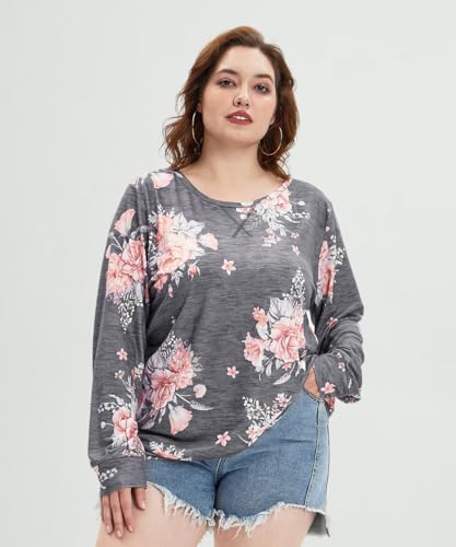 Image of CARCOS Plus Size Tops for Women Color Block Flower /Striped /Camo Crew Neck Long Sleeve Tee Shirt