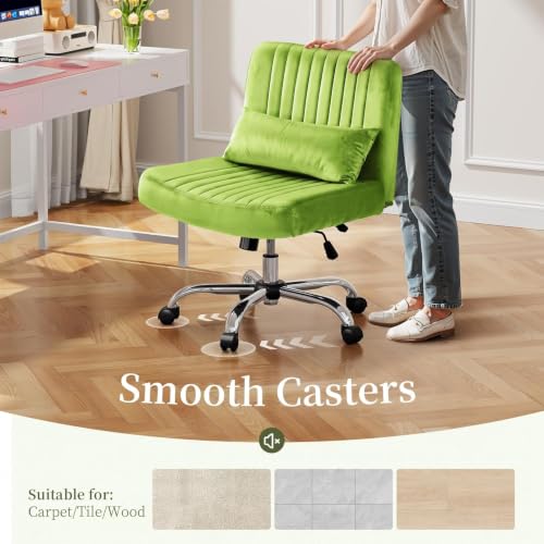 Image of Velvet Criss Cross Desk Chair with Wheels, Luxury Cross Legged Office Office, Swivel Wide Seat Vanity Chair, Armless Adjustable Height Gaming Chair Gift, Dusty (1, Glass Green)