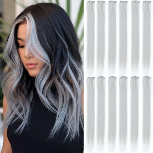 GZVIS 12 Pcs Sliver Grey hair extensions 22 Inch Straight colored hair colorful clip in extensions Highlight Party for Kids Girls and Women Gift (Sliver Grey D08)