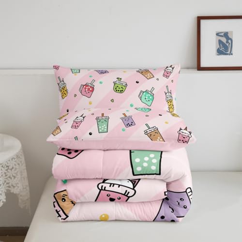 Image of Feelyou Kids Milk Tea Comforter Set Full Size, Cute Bubble Bedding Set Bubble Tea Comforter for Boys Girls Kawaii Duvet Insert Bed Set 3Pcs