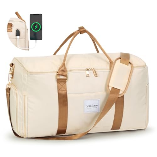 Image of WOOMADA Travel Garment Bag, Convertible Garment Duffle with Shoe Bag and Hanging Dress Compartment for Women, Carry-On Luggage for Business and Leisure Trips(Beige&Brown)