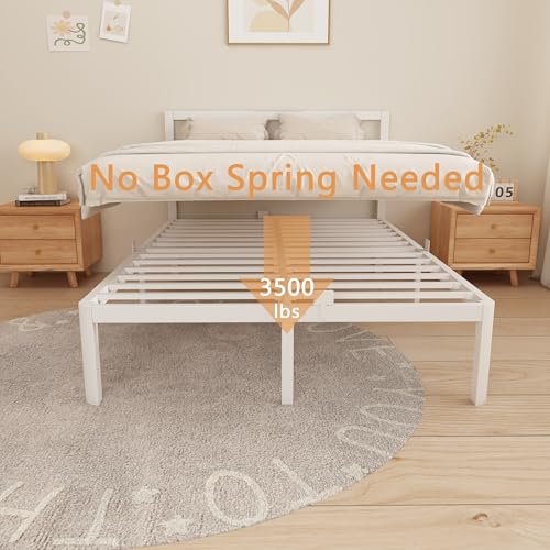Image of 14 Inch King Bed Frames, Metal Bed Frame with Head Board, No Box Spring Needed, Heavy Duty Steel, Anti-Slip Mattress Stoppers, Noise Free, Round Corner Legs, Easy Assembly, White