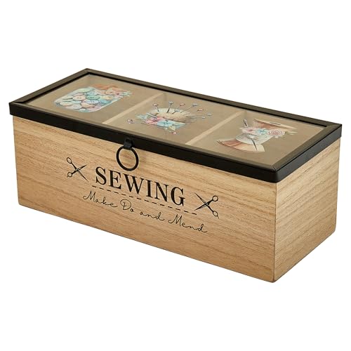 Trimits Wooden Sewing Box 24 x 10 x 9cm - Sewing Kit Box Craft Organiser with Clear Acrylic Lid and 3 Compartments