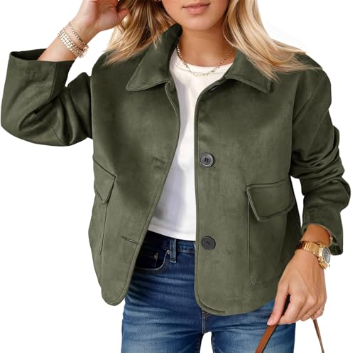 Tankaneo Womens Faux Suede Leather Jackets Casual Cropped Coats Vintage Button Down Shackets