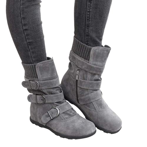 BORAMAX Womens Low Heel Slouch Suede Slip On Casual Ankle Boots with Ring Buckle and Side Zipper Buckle Winter Booties