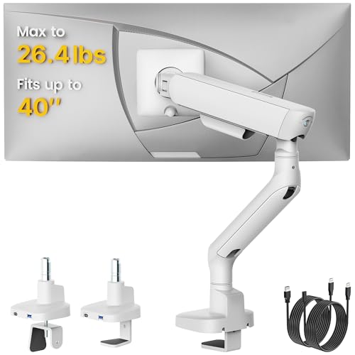 Image of monTEK Mechanical Spring Single Monitor Arm with USB for 40in Screen White | Built-in One-Way Bearing, Holds 26.4 lbs, VESA 75 /100mm, C-Clamp /Grommet Base & Cable Management, Office, Home, Game