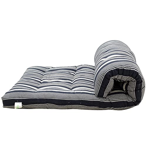 Image of NEXTGO Mattress Double Bed Size 4 X 6 Feet | Soft White Cotton Fibre Foldable Floor Mattress with 1 Filled Pillow | Guest, Travel, Bachelor, PG, Hostel Use Tufted Ruyi Gaddi | Blue White Lining