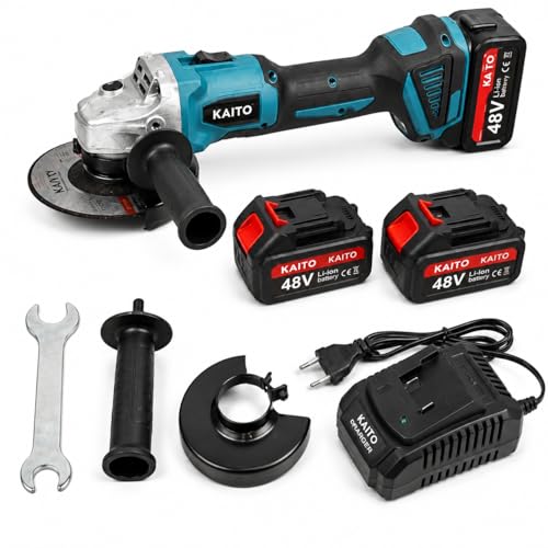 Image of KAITO 5 Inch Cordless Angle Grinder | Brushless Motor | 4 Variable Speed Control | 125MM Disc | 9500 RPM | 2 x 48V LI-ION Battery with Fast Charger | Cutting & Grinding Tool | for Home & Professional