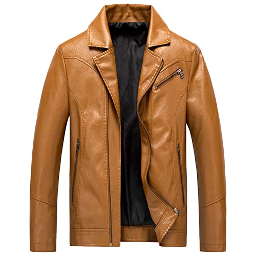 Maiyifu-GJ Men's PU Faux Leather Jacket Notch Lapel Slim Fit Zip Up Biker Jacket Vintage Moto Lightweight Outwear Coat (Khaki,XX-Large)