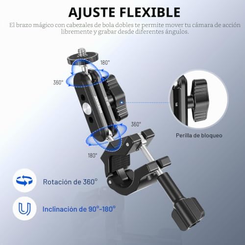 Soporte para barra de cámara con dos cabezales de bola de 360° y tornillo 1/4 2