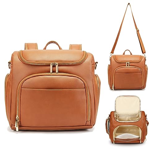 Leather Diaper Bag Backpack with Changing Pad - Multi-Function Large Capacity Baby Bag with Adjustable Shoulder Strap & Stroller Straps