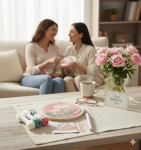Image of Punch Needle Kit, Gentle Pink Flower Embroidery, Embroidery Starter Kit for Beginners, Mother's Day, Children's Day, Birthday Gifts & Decorations, 7.87x7.87inch