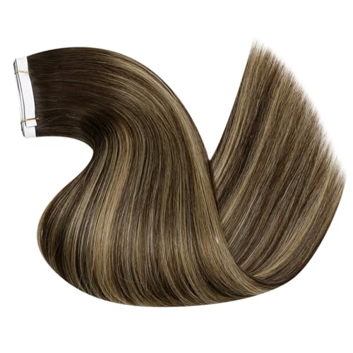 Image of LaaVoo Ombre Tape in Weft Hair Extensions Real Human Hair Tape in Weft Extensions Balayage Dark Brown Genius PU Tape on Hair Extension Human Hair 22inch 120g 4pcs