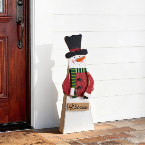 Image of Glitzhome 30 inchH Christmas Chunky Wood Snowman Porch Sign, Standing Snowman Porch Decor with Black Top Hat and Red Coat,Merry Christmas Welcome Sign for Holiday Front Porch Outdoor Decorations
