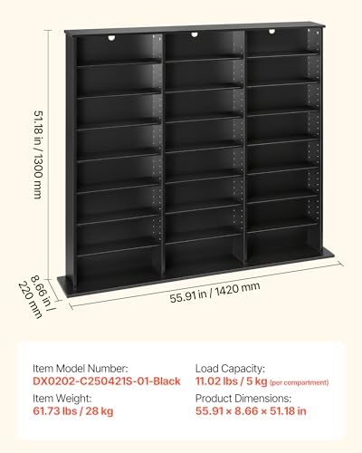 VEVOR Media Storage Cabinet, 8-Tier DVD Shelf Organizer, 55.91 x 8.66 x 51.18 in Multimedia Storage Organizer for CDs, DVDs, Books & Games, CD Shelf for Living Room, Home Office, Recording Room, Black — view 2