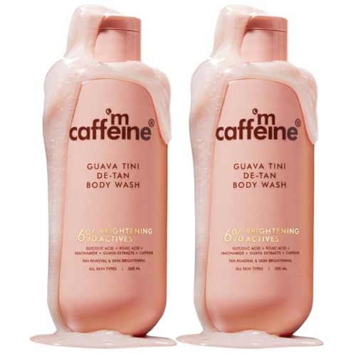 Image of mCaffeine 1% Glycolic Acid Detan Body Wash 300ml pack of 2 | 2% Niacinamide, 3% Kojic Acid-Glutathione | Bodywash for Women & Men| Brightens, Hydrates, Reduces Dark Spots & Evens Tone | Guava Shower Gel for Dry Skin