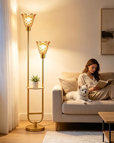 Image of Modern Glass Floor Lamp with Storage Table 2-Lights Gold Standing Tall Lamps with Amber Glass Shade for Wedding /Party,LED Floor Lamp for Living Room Bedroom Home Decor (Bulbs Included)