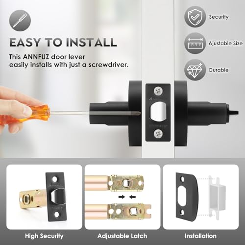 ANNFUZ Round Privacy Door Handle Without Key,Interior Door Lever,Heavy Duty Door Lever Hardware,Reversible Keyless Lever for Left or Right Side,Perfert for Bedroom/Bathroom(Privacy, Matte Black)
