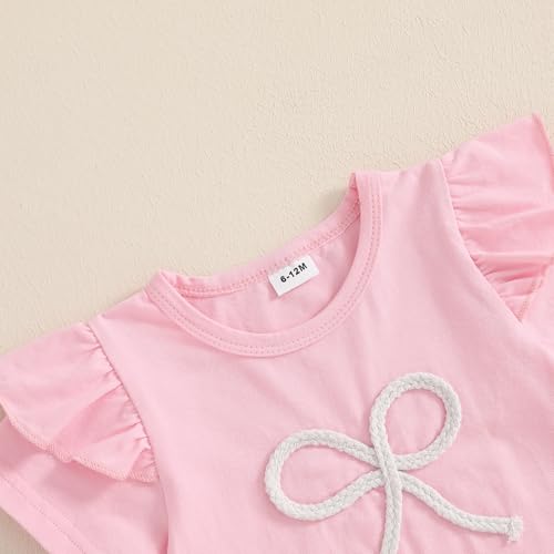 Infant Toddler Baby Girl Summer Outfit Bow Embroidery Ruffle Short Sleeve T-shirt and Flare Pants 2Pcs Summer Set4