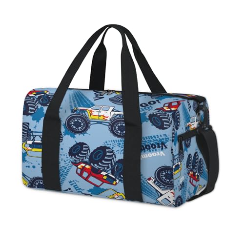 Sports Duffel Bag Monster Truck Foldable Travel Tote Bag Weekender Overnight Carry On Bags, Truck Cars Waterproof Gym Tote Bags