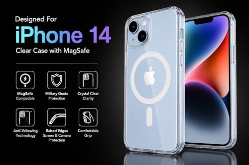 Image of DIZORO Crystal Clear Magnetic Magsafe Compatible with iPhone 14 / iPhone 13 Case with Anti-Yellow Anti-Scratch Shockproof Transparent Cover.