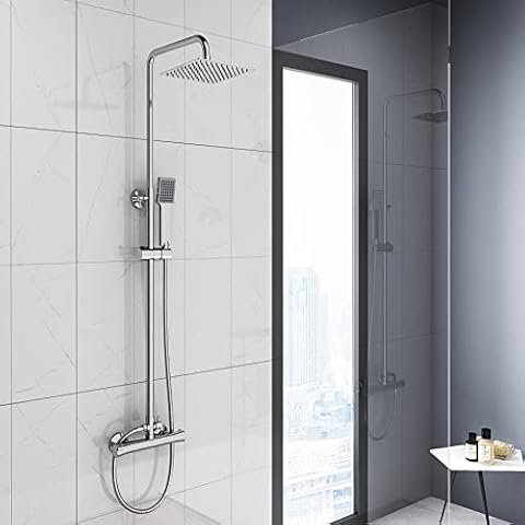 Huibathroom Thermostatic Shower Mixer System, Chrome Exposed Thermostatic Shower with 8" Overhead Shower and Single Function Hand Shower and Anti Kink Shower Hose Cover