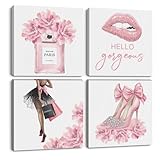 4 Pcs Pink Fashion Canvas Wall Art, Perfume High Heels Lipstick Beauty Wall Decor, Aesthetic Framed Posters Art Prints Artwork Pink Pictures for Women Girls Room Apartment Vogue Living Room Decor