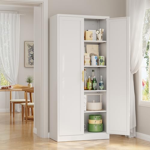 Image of Metal Pantry Cabinet, 71 inchH x 28 inchW x 14 inchD Pantry Cabinets with 2 Doors and 4 Adjustable Shelves, Kitchen Pantry Storage Cabinets, Metal Storage Cabinet for Kitchen, Dining Room, Living Room-White