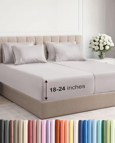 Image of Extra Deep Split King Sheet Set - 7 Piece Breathable & Cooling - Light Grey | Hotel Luxury Bed Sheets Set, Easy & Secure Fit, Ultra-Soft, Wrinkle & Fade Free, Comfy Sheets Set with Extra Deep Pockets