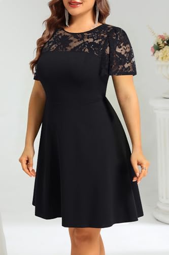 Image of Plus Size Cocktail Dress - Lace Wedding Guest Party Crew Neck Short A Line Dresses Women