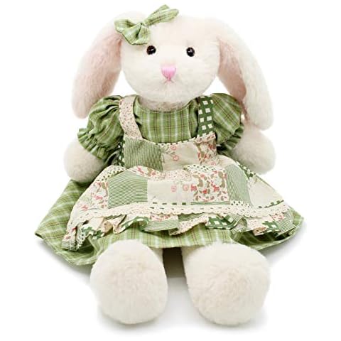 oits cute Small Soft Stuffed Animal Bunny Rabbit Plush Toy for Baby Girls 15inch (White Rabbit Wearing Green Plaid Dress) Cover