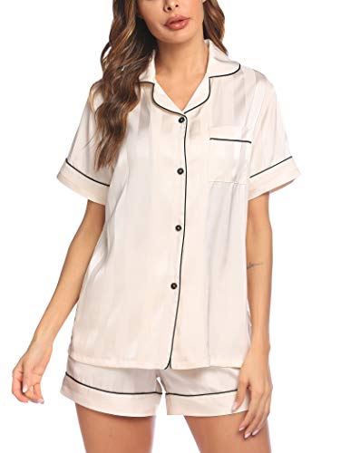 Ekouaer Womens Satin Pajama Set Button Up Silk Pjs Soft Short Sleeve Two Peice Sleepwear Sets(Apricot,Medium)