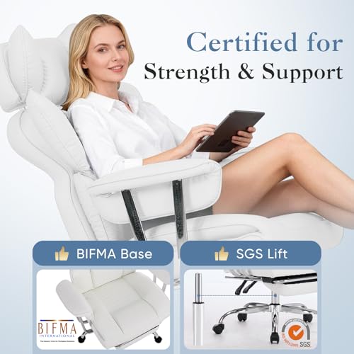 Image of DUMOS Big and Tall Office Chair 400 LBS, Scratch-Resistant PU Leather Executive Office Desk Chair with Footrest, Ergonomic Reclining Computer Chairs with Pocket Spring Support, White