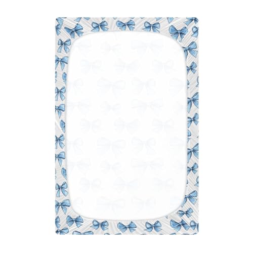 Image of Fitted Crib Sheets Pretty Blue Bow Stretchy Portable Playard Sheets for Baby Toddler, Breathable Soft Mini Crib Mattress 39 x 27 in for Boys and Girls
