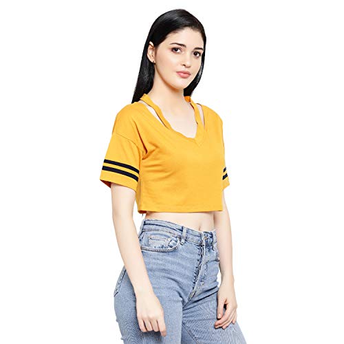 Image of LE BOURGEOIS Women Solid Loose Fit Desiger V-Neck Short Sleeve Dance Party Casul Crop Top