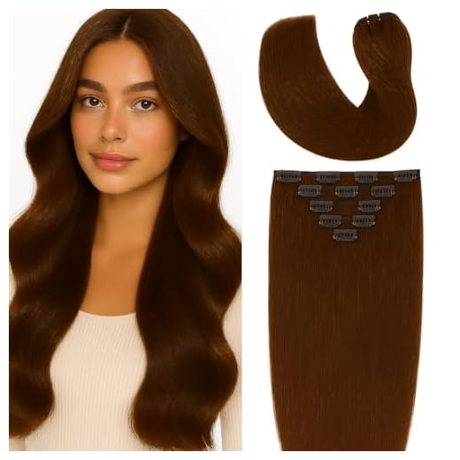 Extensiones de Pelo Natural Remy con Clips – 100% Humano, 50 cm, 80 g, 7 Piezas – GODDESS HAIR BCN – Reutilizables, Invisibles, Volumen Inmediato, Liso-Ondulado (#4 Light Chocolate Brown)