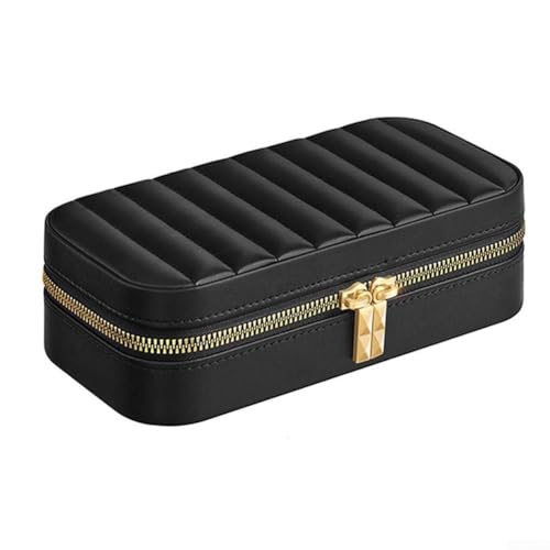 MeevrgR Joyero de viaje blanco nube – Organizador de 10,5 x 20,5 cm con espejo y separadores ajustables, funda de piel sintética con tachuelas piramidales (negro)
