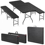 Eikuavons Bierzeltgarnitur klappbar 3-teilig Set Tisch & 2X Bierbänke, Biertischgarnitur für drinnen & draußen, 180×74×74cm Kunststoff Klapptisch Holzmaserung-Optik Gartentisch mit Tragegriffe